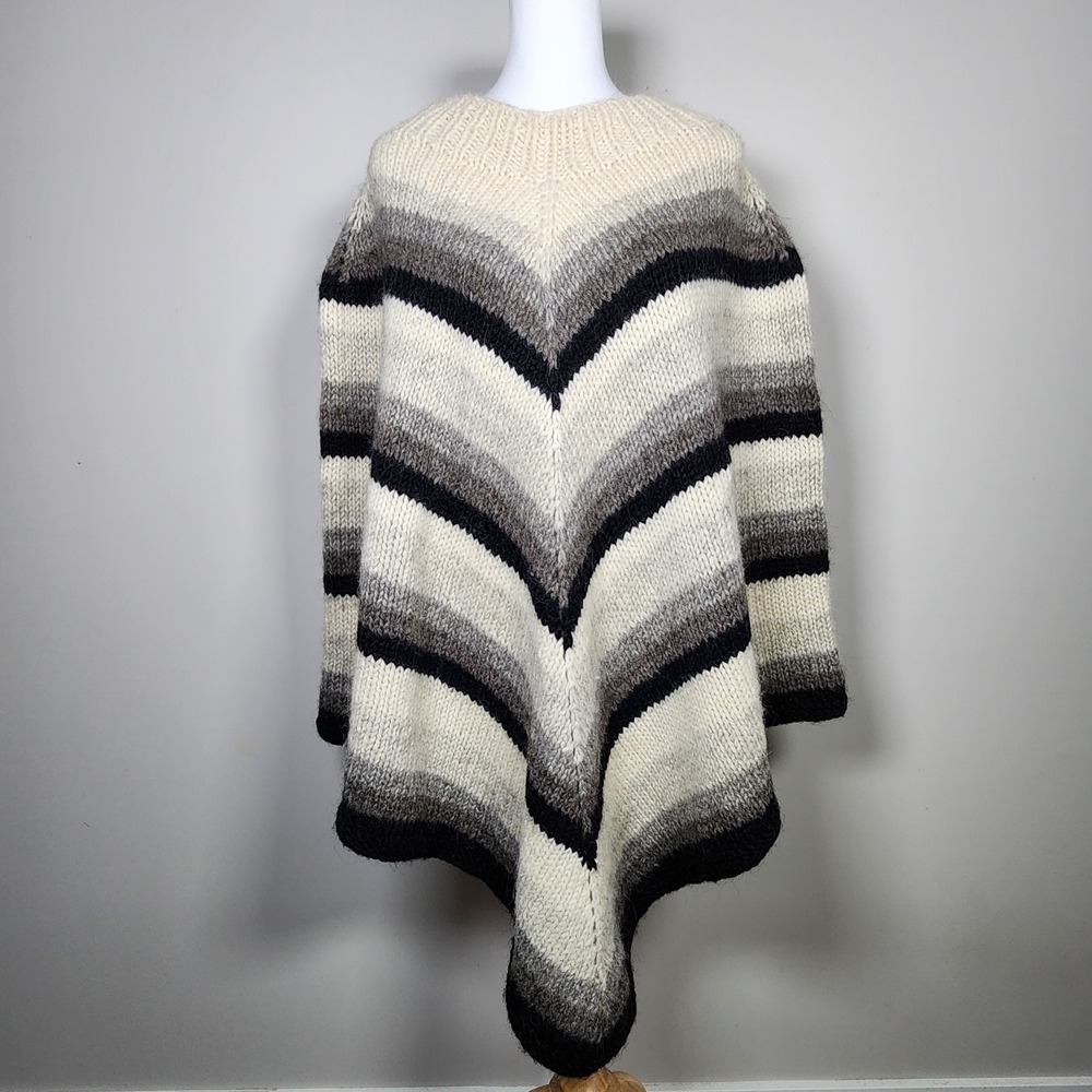 Wool Poncho Cape‎ Chunky Knit Handmade Heavyweight Sweater Coat Boho Stripe Soft